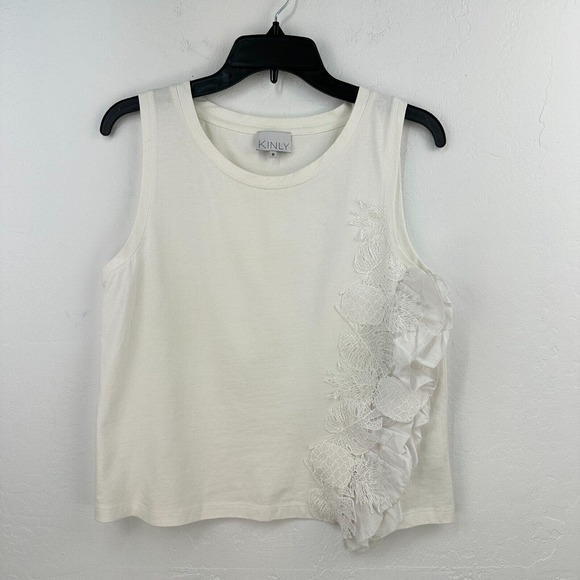 Kinly Tank Top Womens Medium White Cotton Floral‎ Ruffle Round Neck - Picture 1 of 10